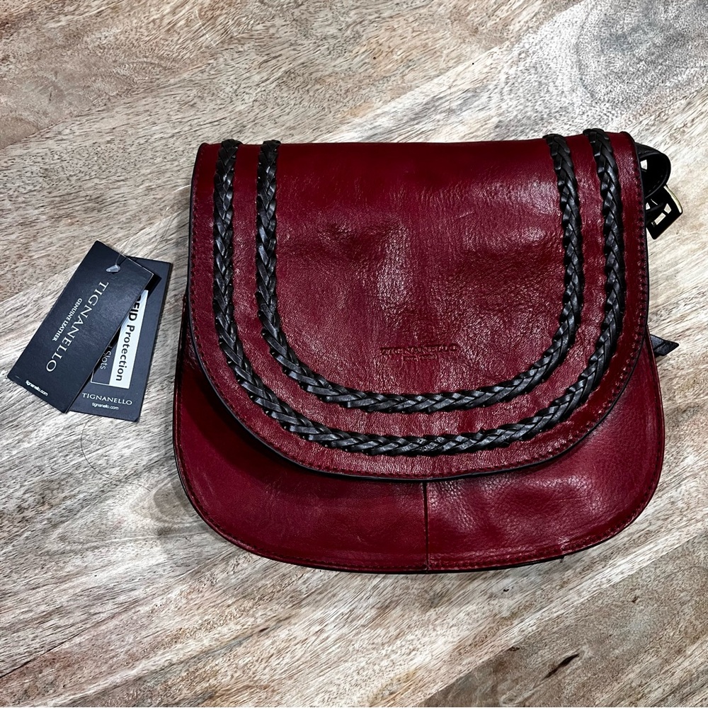 LIMITED Tignanello Red (Rouge) Saddle Leather Bag/Purse with braiding detail.